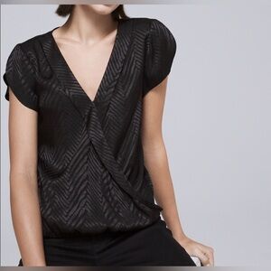 White House Black Market Cap Sleeve Jacquard Surplice Blouse Black Size XS